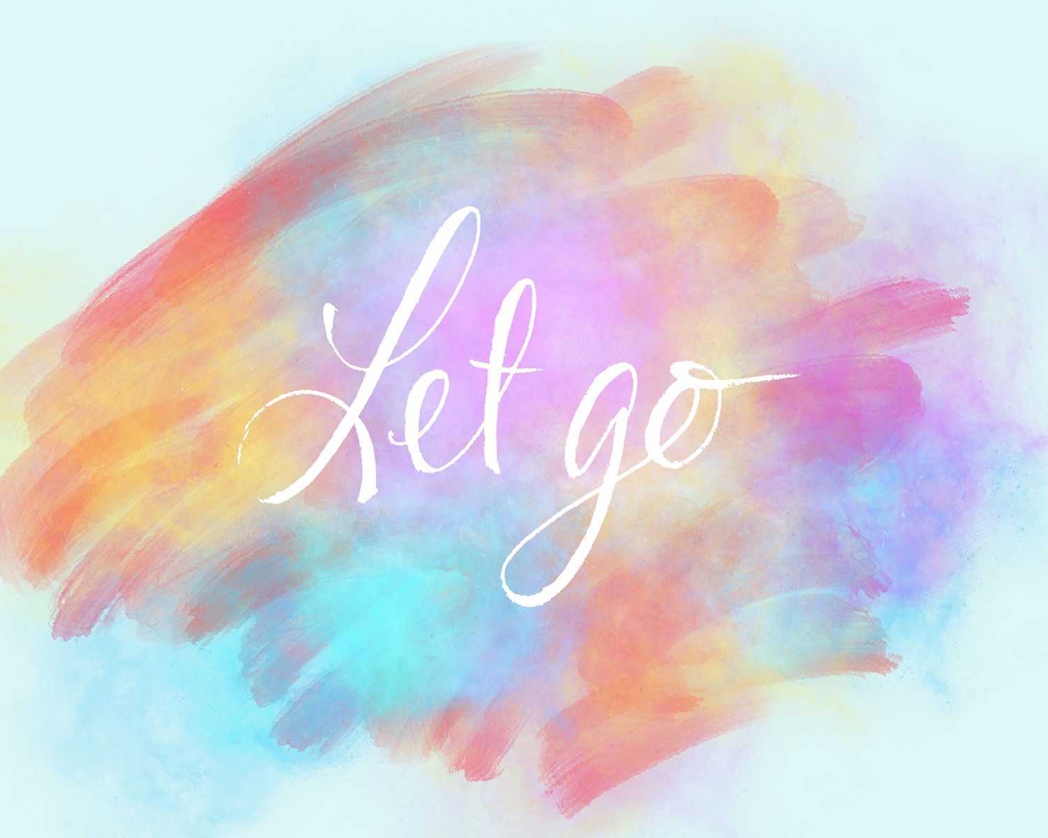 The words Let Go in script lettering on a colorful, watercolor background